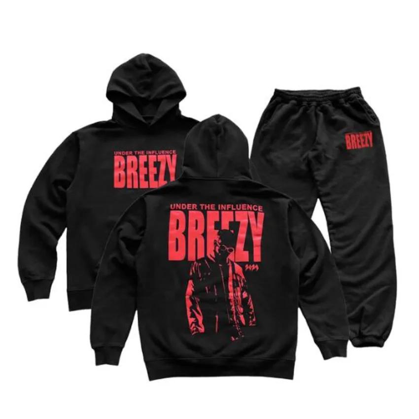 Chris Brown Breezy Merch Tracksuit Men Sets Fashion Sporting Suit Hooded Sweatshirt +Sweatpants Mens Clothing 2 Pieces Set