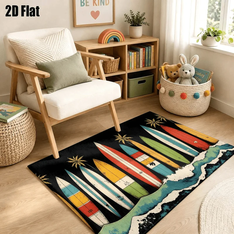 1Pc American Retro Surfboard Palm Tree Pattern Carpet, Art Deco Floor Mat for Living Room, Bedroom, Dining Room, Bedside, Indoor and Patio, Home Decor Accessory