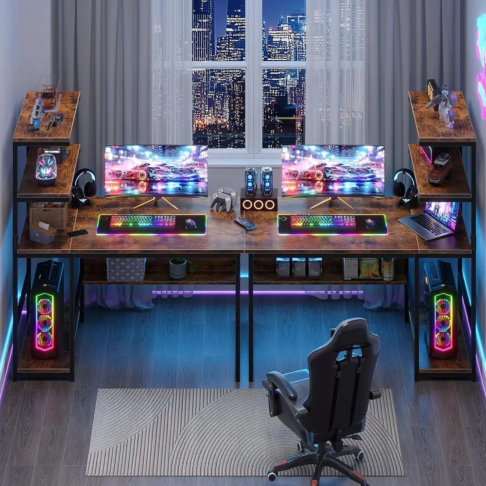 مكتب منزلي كبير حديث 43.3 مع مساحة تخزين من 4 طبقات، وطاولة كمبيوتر للدراسة والكتابة مع رف الكتب ورف البرج #2