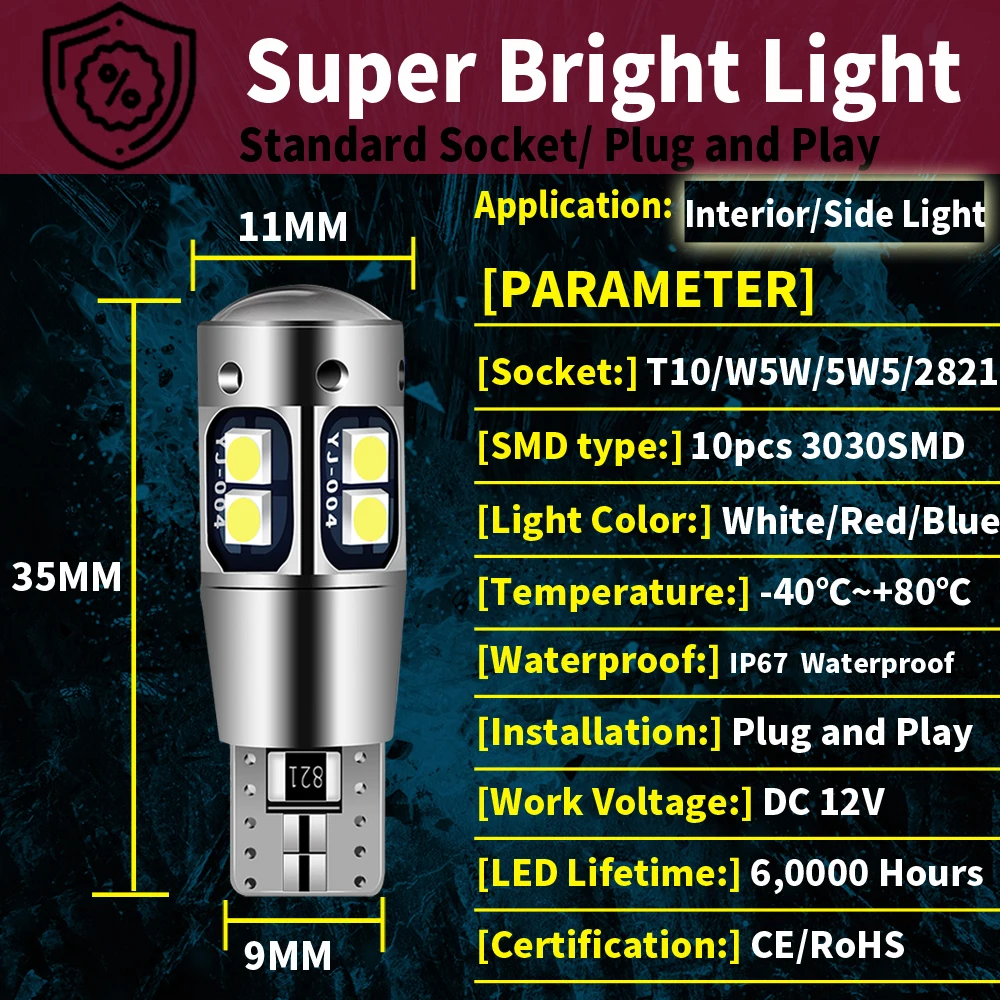 2x LED Clearance Light W5W T10 For Peugeot 1007 107 206 207 307 SW CC 4007 4008 407 508 607 806 807 Bipper Tepee Expert Partner