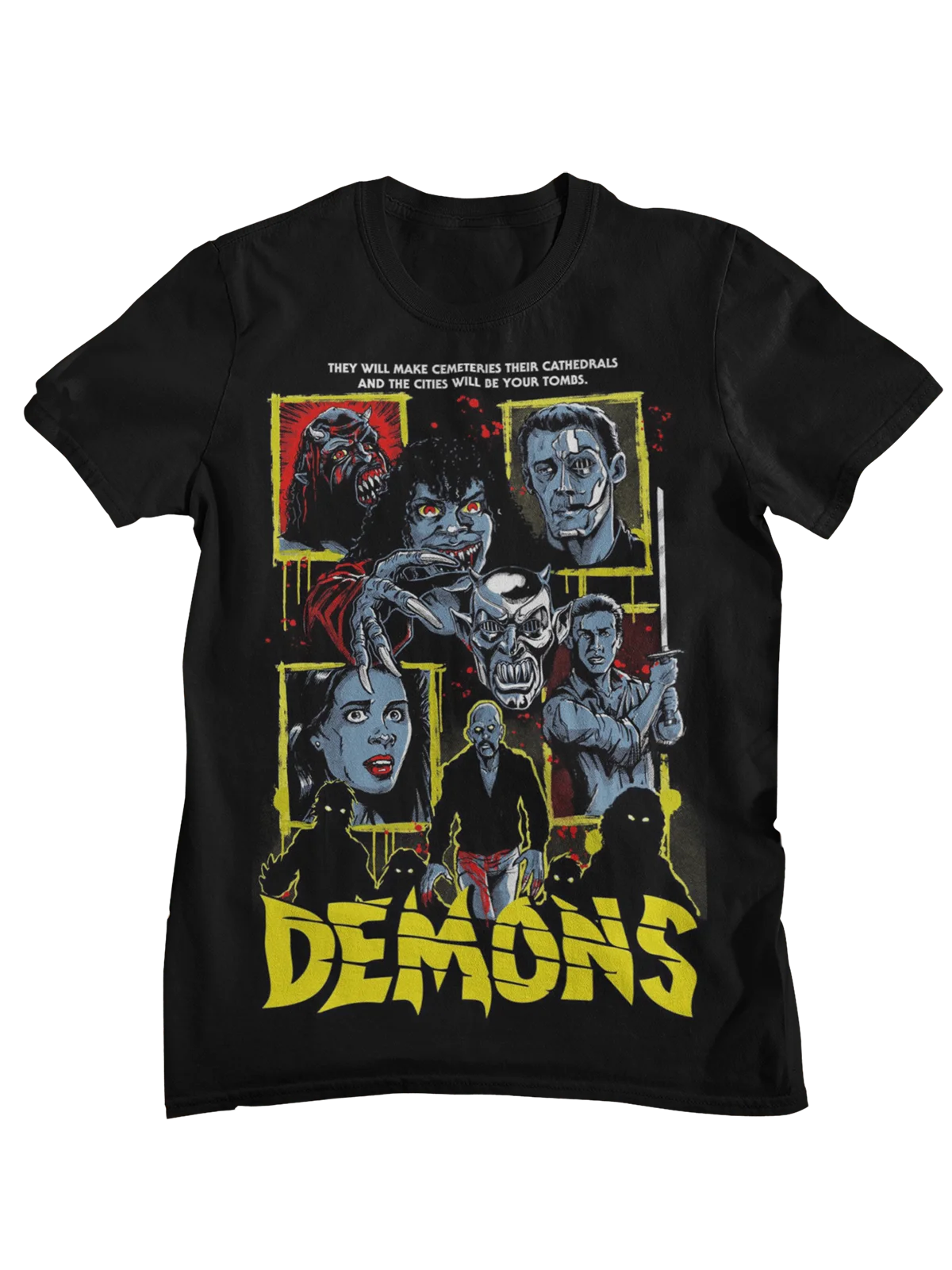 Camiseta con gráfico de collage de película de terror italiana retro de Demons 1985, camisetas informales de algodón para hombre y mujer