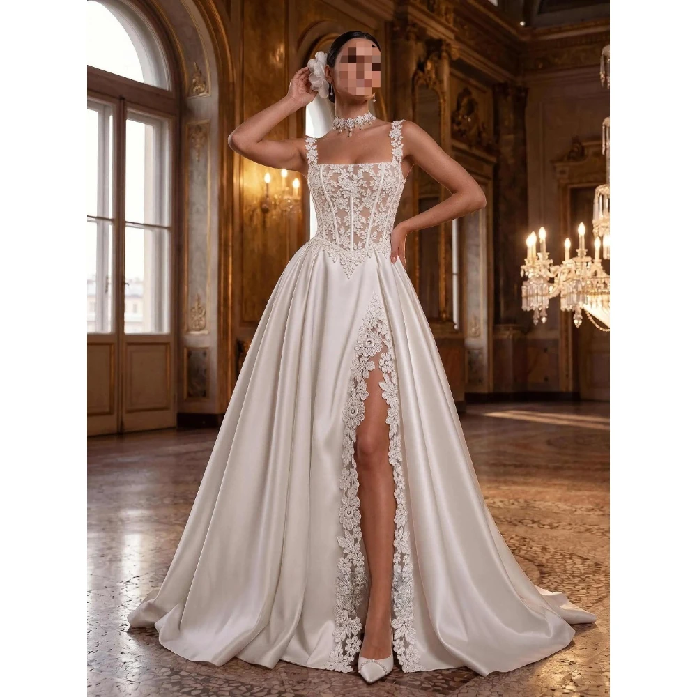 Customized Square Collar Satin High Slit Wedding Dress 2026 Simple Suspender Lace Decal Bridal Gown Suitable for Formal Parties