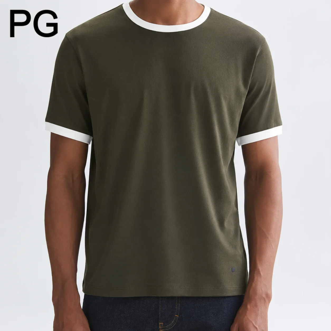 PG Men Contrast Trim Crew Neck T-shirt Olive Green Short Sleeve Breathable Simple Casual Summer Daily Wear Male Tee