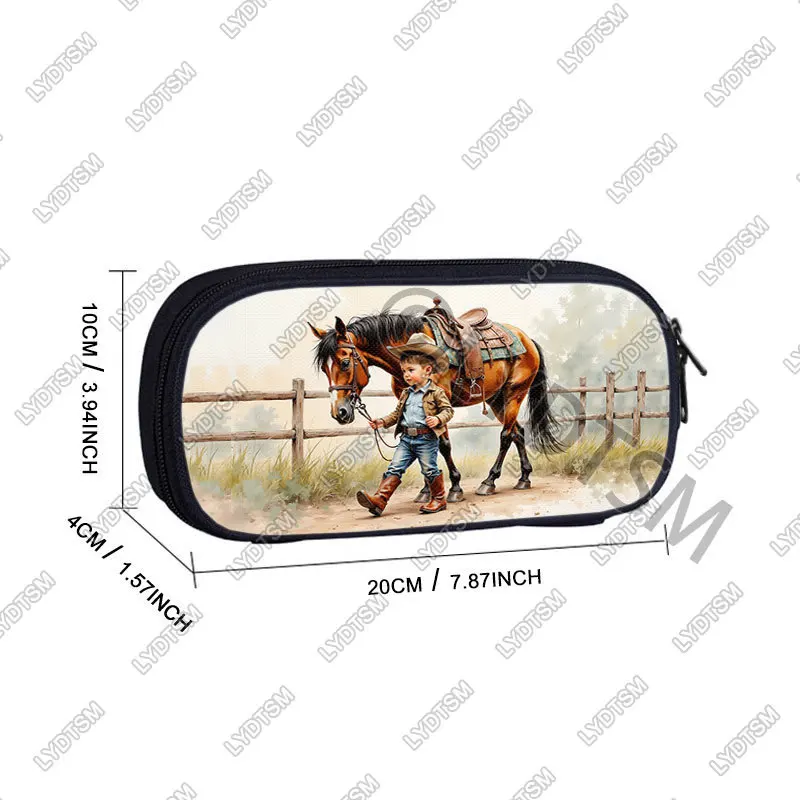 Cute Girl Playing with Horse on The Farm Pattern Cosmetic Case Little Boy Riding A Horse Pencil Box Brush Holder School Supplies