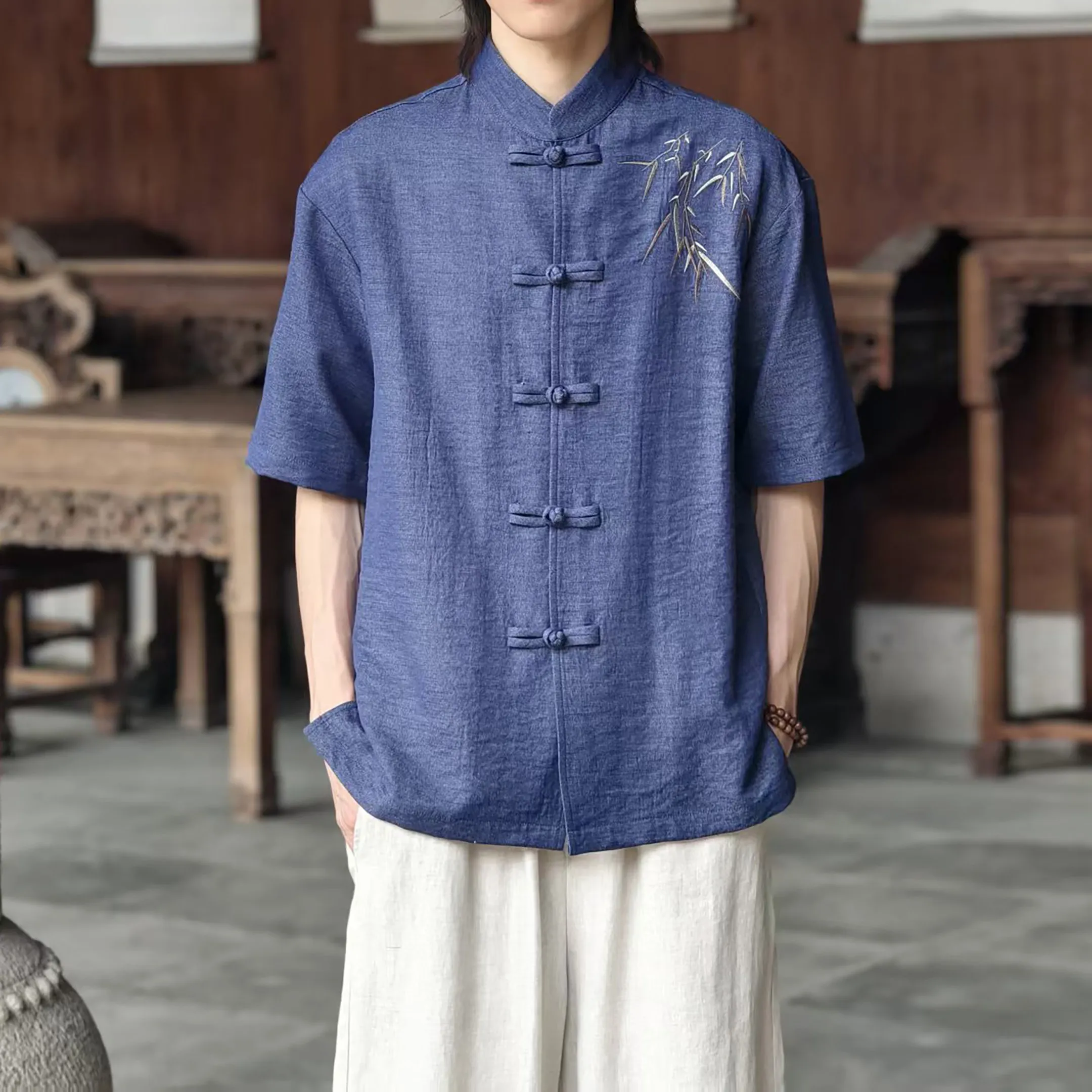 Embroidered Shirts Men Summer Chinese Style Traditional Comfortable Top Shirts Retro Tang Suit Kung Fu Ta Chi Casual Shirts Mens