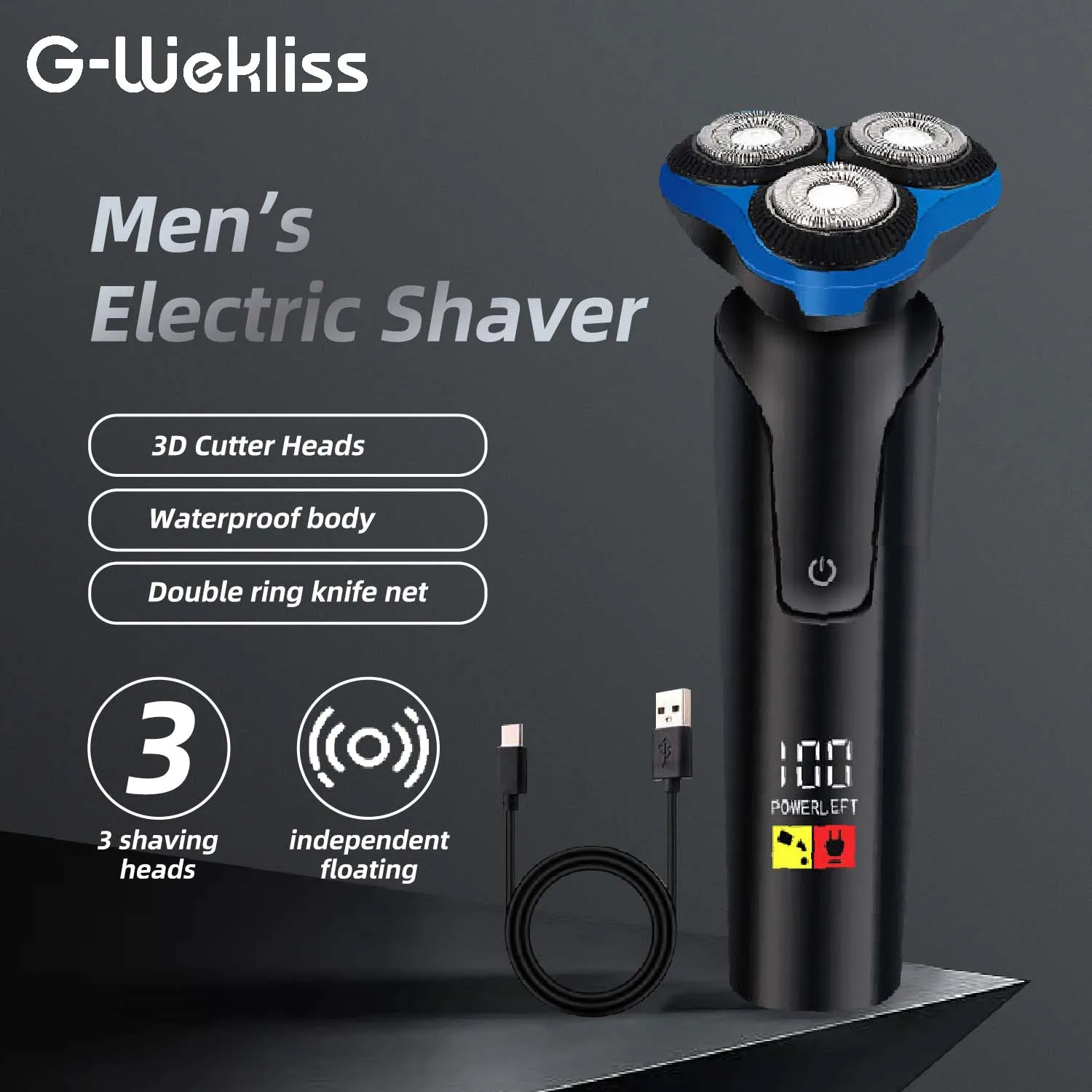 G-Wekliss Rechargeable Men Rotary Razor with Pop-up Trimmer Cordless Waterproof LCD Display Electric Shavers