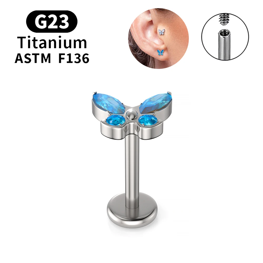 G23 titanio ASTM F136 Piercing orecchini a bottone moda farfalla zircone 16G orecchio Tragus cartilagine lobo Helix Daith gioielli da donna