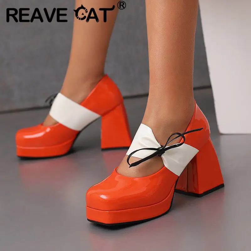 

REAVE CAT Brand Women Pumps Toe Block High Heels 9.5cm Platform 2cm Bowknot Strap Mixed Size 47 48 Sexy Party Shoes