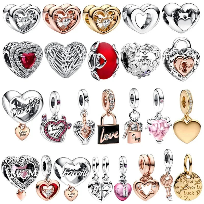 

New 925 Sterling Silver Mother Daughter Family Love Heart Lock Charm Bead Fit Original Pandora Bracelet For Women DIY Jewelry