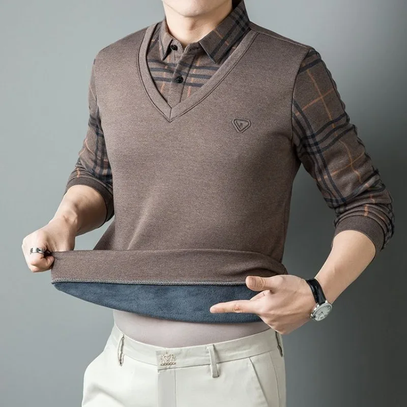 

Men Fake Two Pieces Polo Shirts with Fleece Warm Winter Wear Casual Business Long Sleeve T-shirts Autumn Clothing for Wholesales