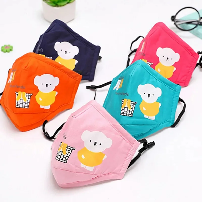 Cartoon Bear Cotton Face Mask PM2.5 Dust Protection with Activated Carbon Filter Windproof Reusable Mouth Cover Kids 3-10 Years