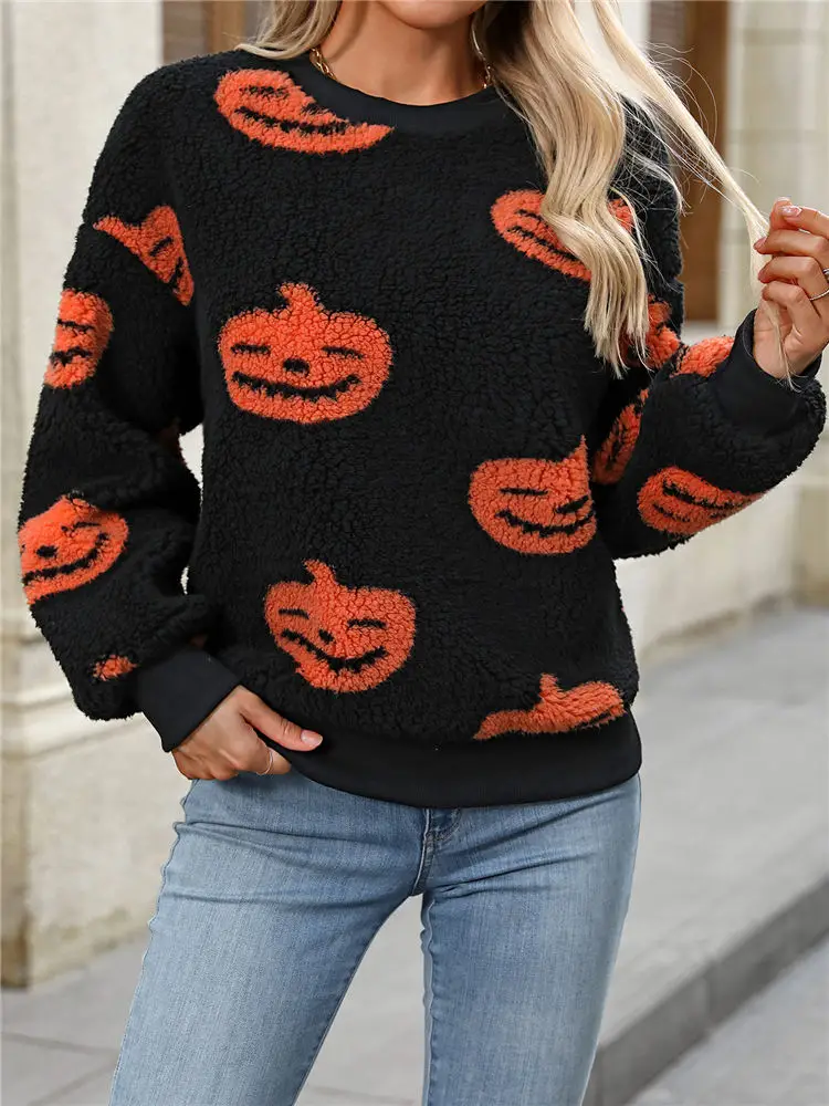 Women Teddy Fleece Sweater Halloween Print Jumper Chic Pullover Lady Fluffy Tops Winter Warm Sweatshirts