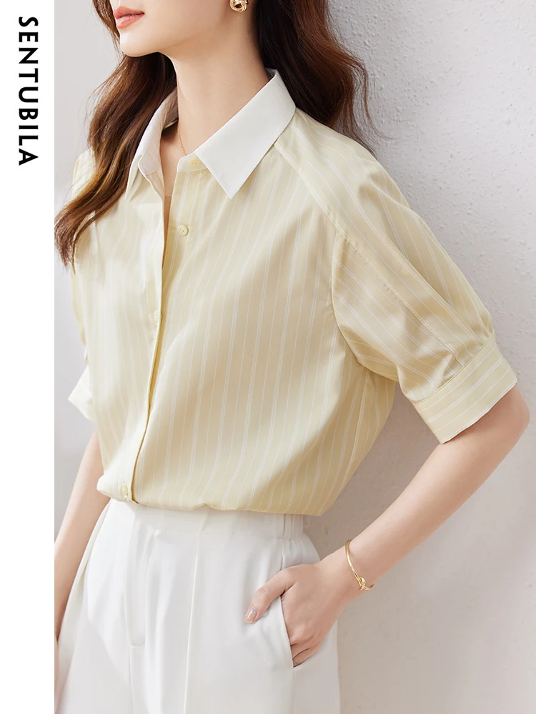 SENTUBILA Women\'s Striped Button Down Shirt 2024 Summer Lantern Short Sleeve Turn-Down Collar Blouse Office Lady Tops 132C48489