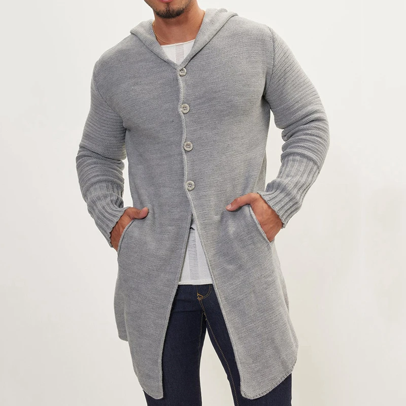 Casual Long Sweatercoats Mens Fall Winter Fashion Solid Color Buttoned Knit Hooded Cardigans Men Vintage Ribbed Long Sleeve Coat