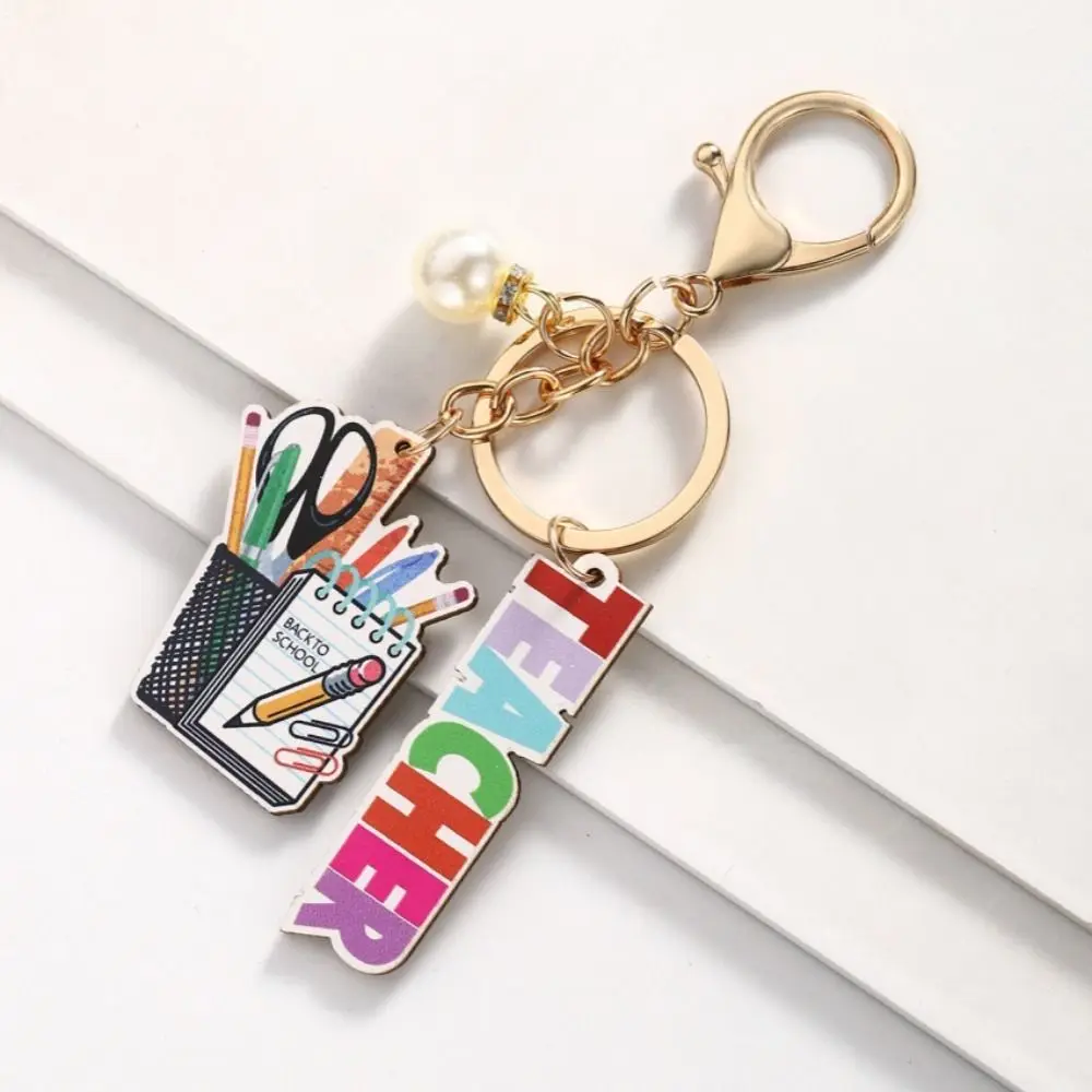 Wooden Teacher's Day Keychain English Letter Charm Text Keychain Pendant Geometric Shape Trinket Pen Holder Key Ring