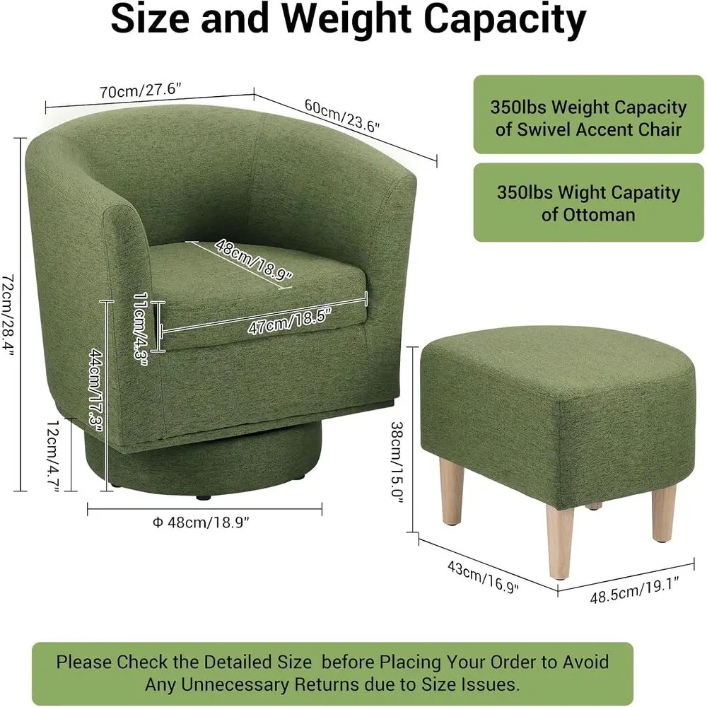 Set o 2 Swivel Accent Chairs with Ottoman Green Barrel Arm Chair | abric Upholstered, Solid Wood e, Sot Cushion, ootrest, 360° S
