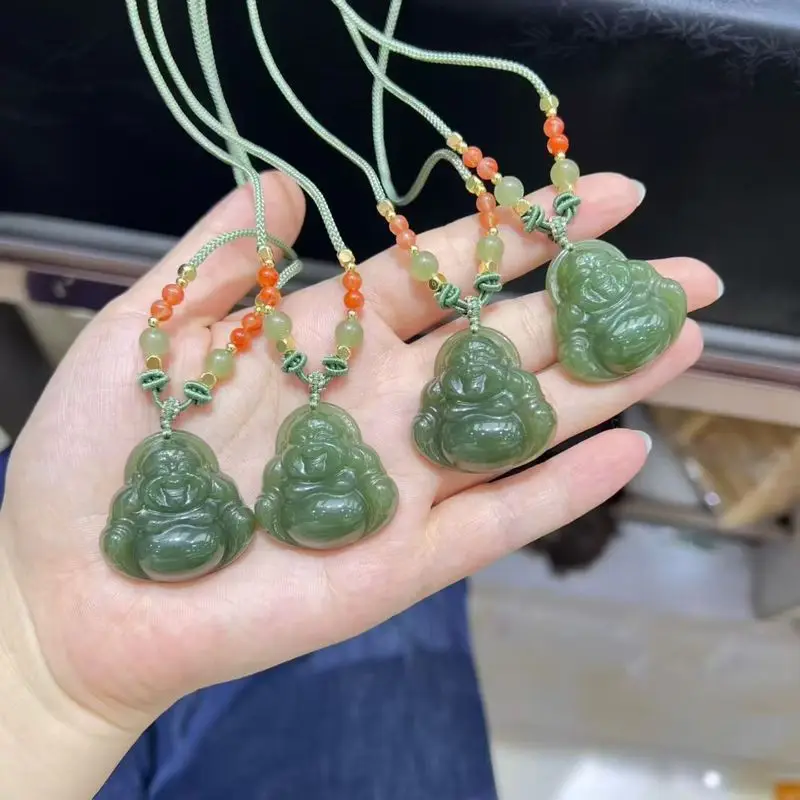 Natural Hetian , Maitreya Big Belly Necklace with Hanging Cord, Laughing Buddha Jade Pendant