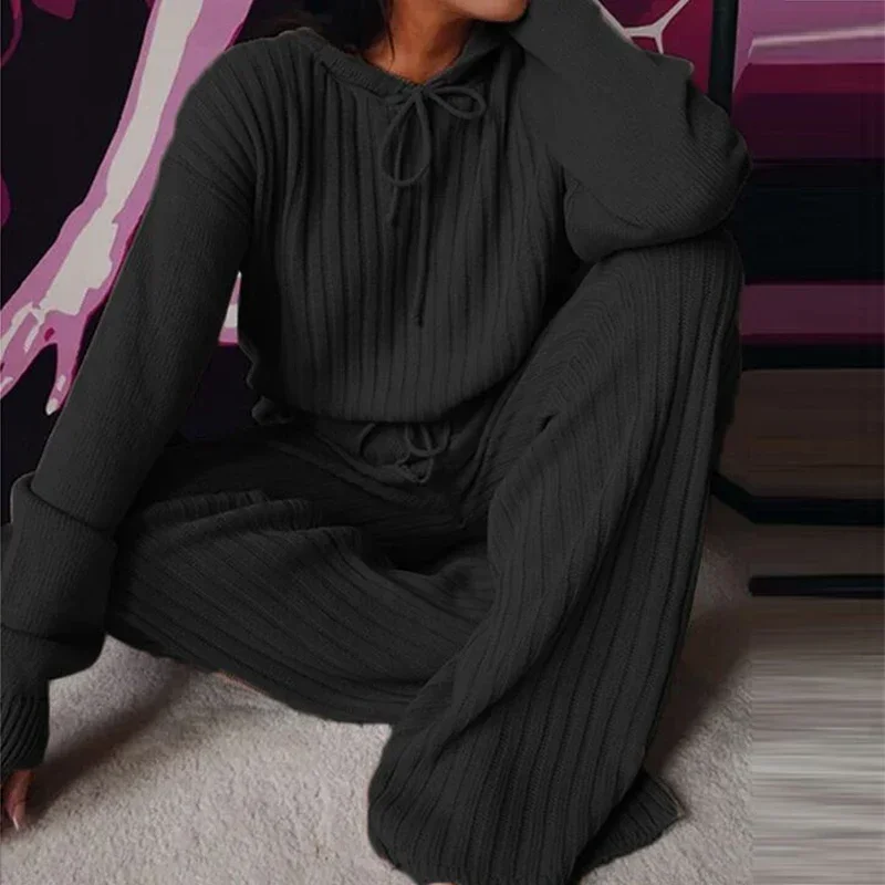 Pyjama à Capuche à Manches sulfpour Femme, Décontracté, Solide, Mode, Streetwear, Élégant, 2 Pièces, Printemps Automne