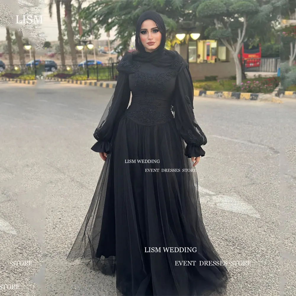 LISM Muslim A Line Evening Dress Sequin Long Tull Sleeve Prom Gown With Veil For Saudi Arabia Women Dresses Custom Made