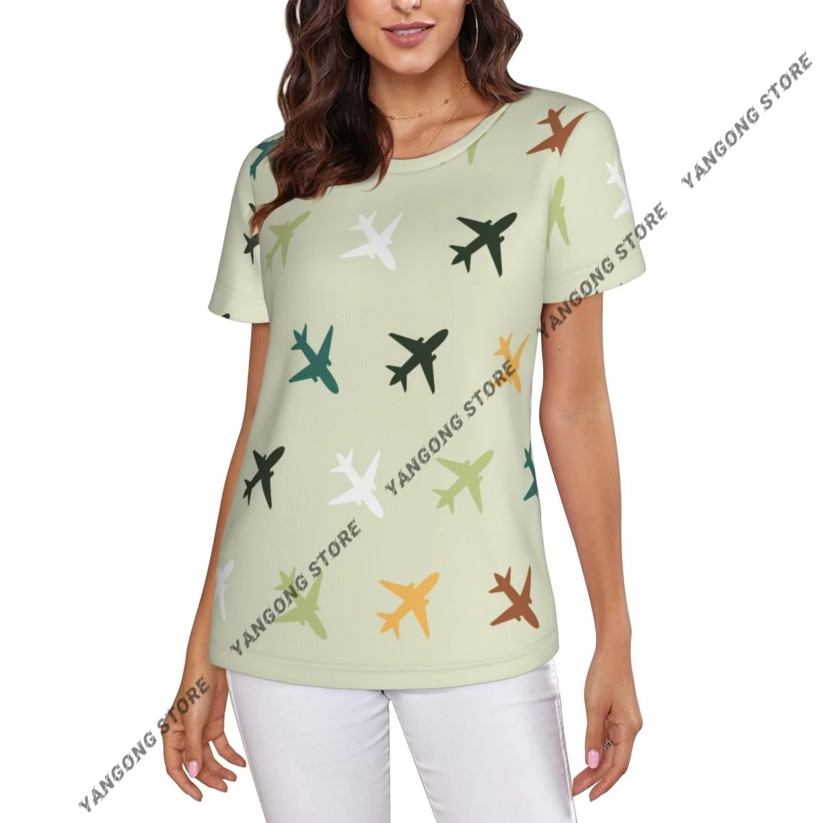 T Shirt Women Colorful Planes Tee Shirt Casual Round Neck Short Sleeve Streetwear Female T-Shirt