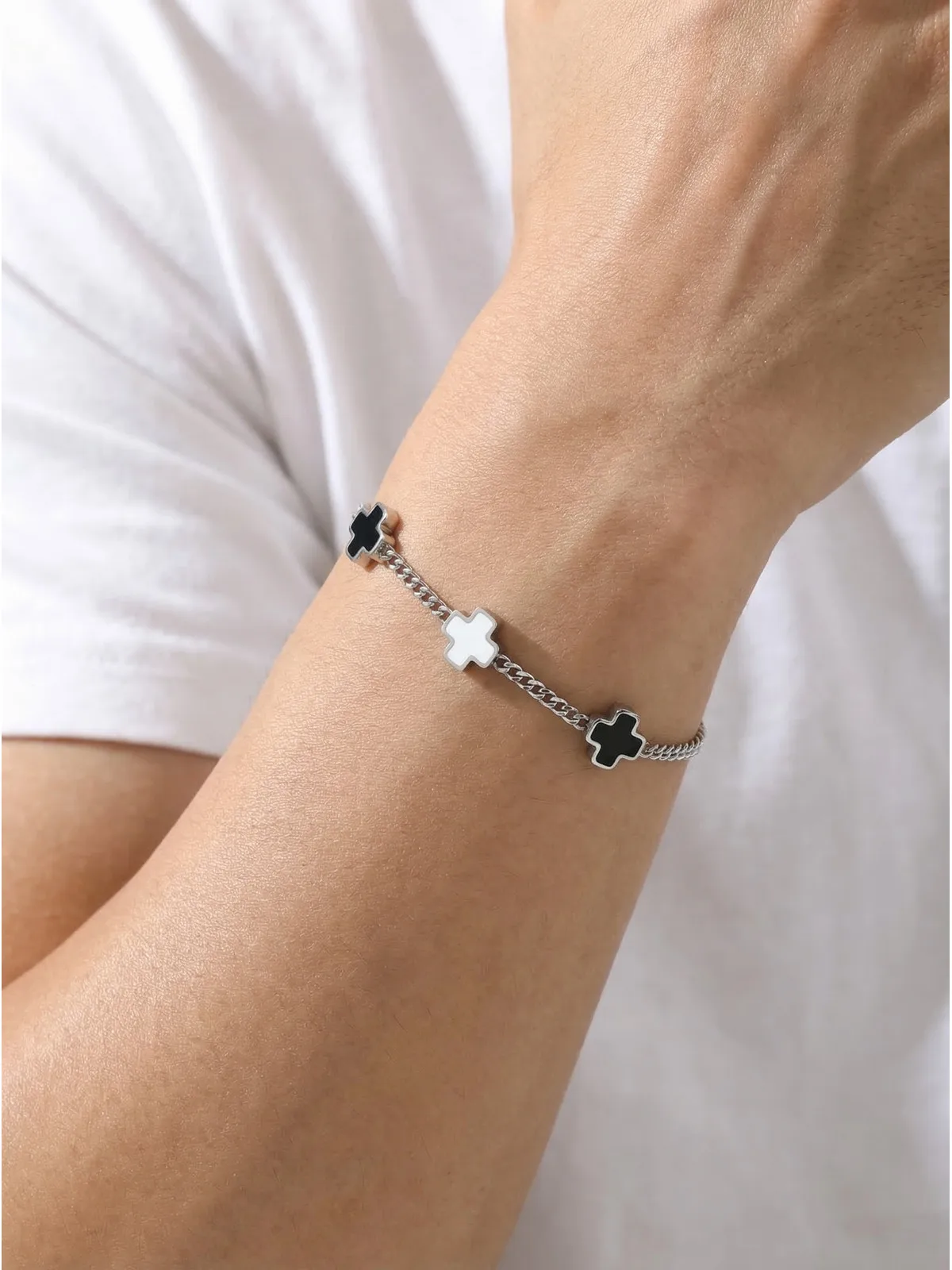 Men's Black White Cross Bracelet,Stainless Steel Contrast Color Geometric Charm Bracelet,Hip Hop Fashion Male Jewelry Gift