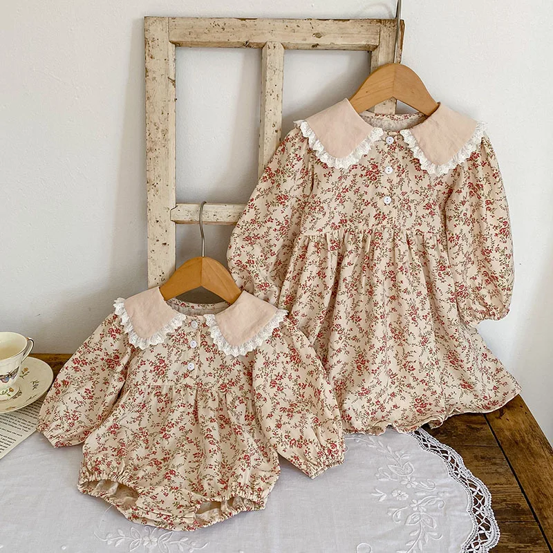 Korean Style Sister Clothes Kids Party Dress Baby Girls Rompers Floral Printing Long Sleeve Autumn Spring Girls Princess Dress