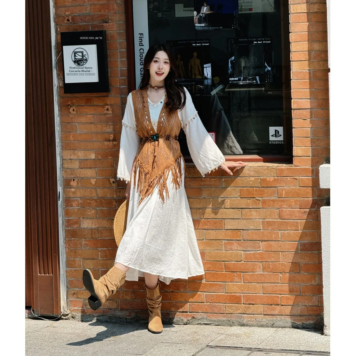 

n Sle Long Tassel Leather Vest awl Vaion Open Cardigan Middle Long Polyester Fiber 00% Summer 2025