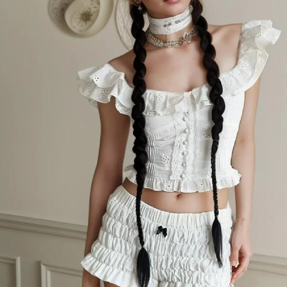 2024 White Spliced Wood ears Ruffles Embroidery Hollow Out Hole Sexy Corset Women Summer Tank Tops Slim Through Buttons Crop Top