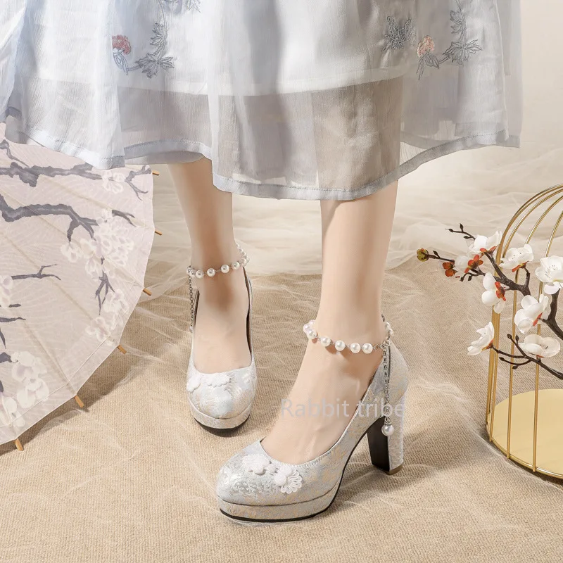 2025 Women Sweet Elegant High Heels Shoes for Woman Pumps Large Size 32 43 Buckle Pearl Light Mouth Single Shoes Wedding Shoe