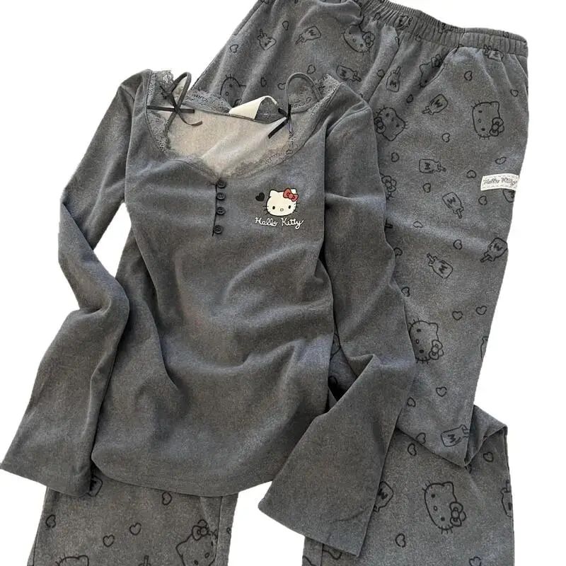 Gray  Pajamas Set Women Long Sleeve Sleepwear Soft Comfortable Print Lace Trim Lounge Wear Two-Piece Nightwear hot - view 5