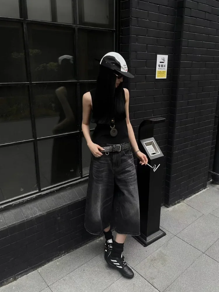 Women Black Y2k Style Baggy Denim Shorts Wide Leg Capri Pants Trendy High Waisted Dark Wash Jeans Female Casual Retro 2000s
