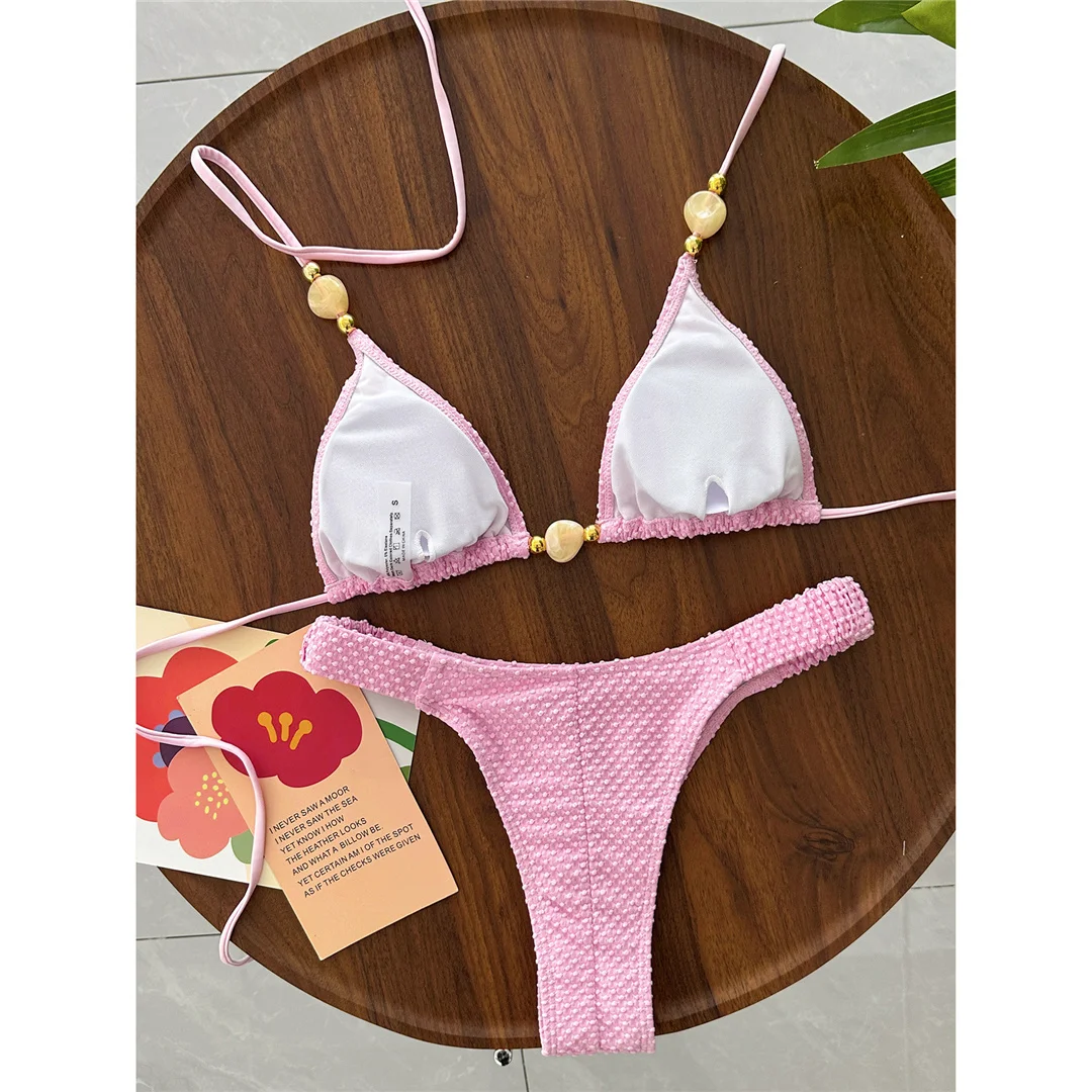 Gefalteter, geknitterter Neckholder-Bikini, Damen-Badeanzug, zweiteiliger Bikini-Set, brasilianischer Badeanzug, Badebekleidung, Schwimmanzug V8134 – Detail 16