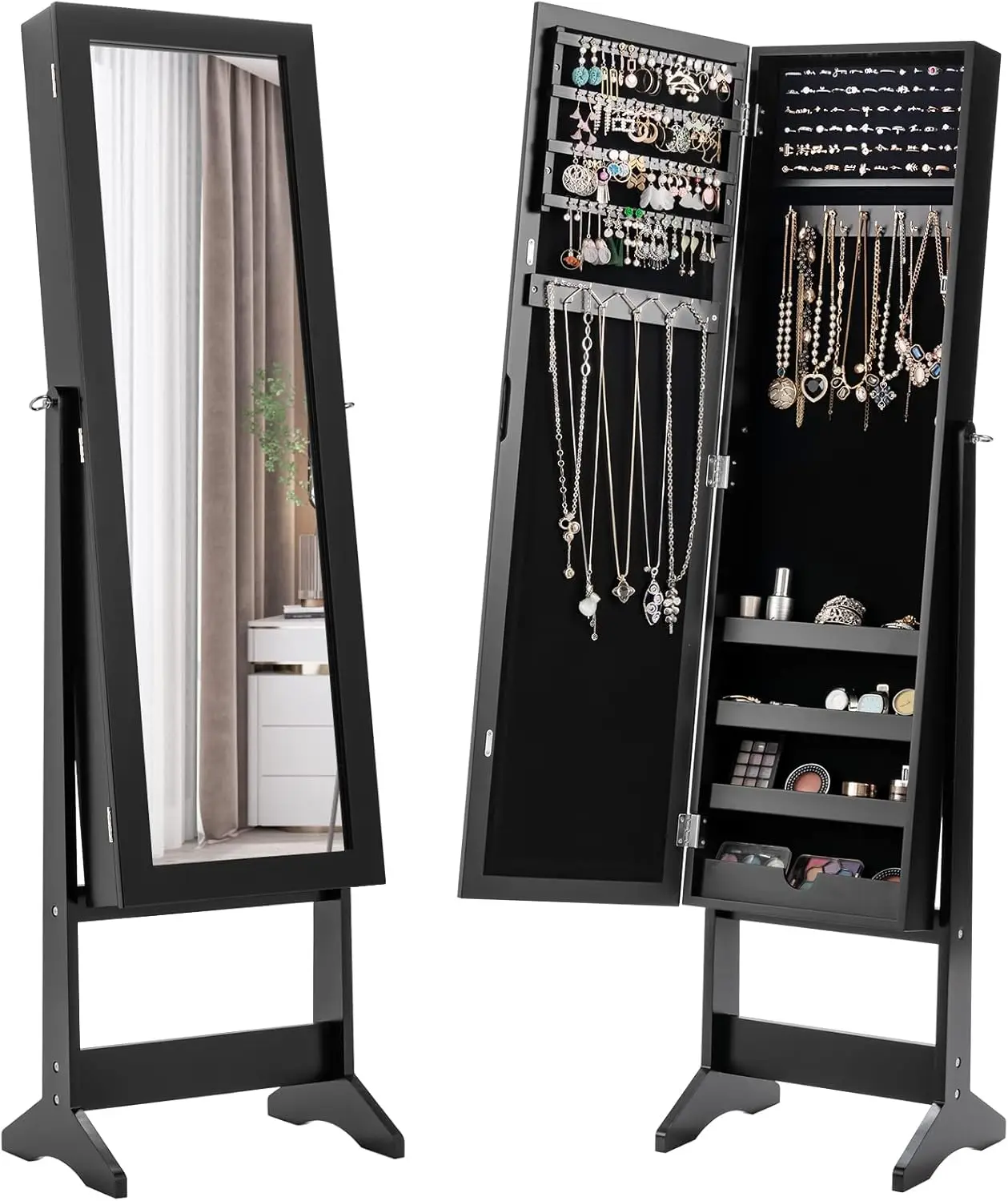 Standing Jewelry Organizer with Full-length Mirror & 3 Adjustable Angles, Large Storage Capacity Jewelry Cabinet for Bedroom, Dressing Room(Black)