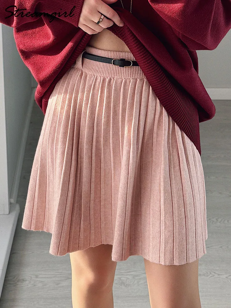 Spring Mini Skirts For Women Gray High Waist Pleated Skirts With Belt Elegant White A Line Big Swing Women's Skirt Short Knit