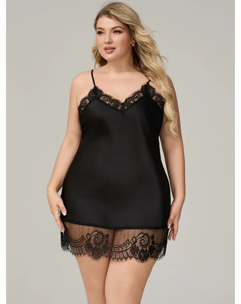 

Sexy Black Mini Suspender Nightdress Female Nightgown Sleepwear Patchwork Lace Backless Satin Homewear