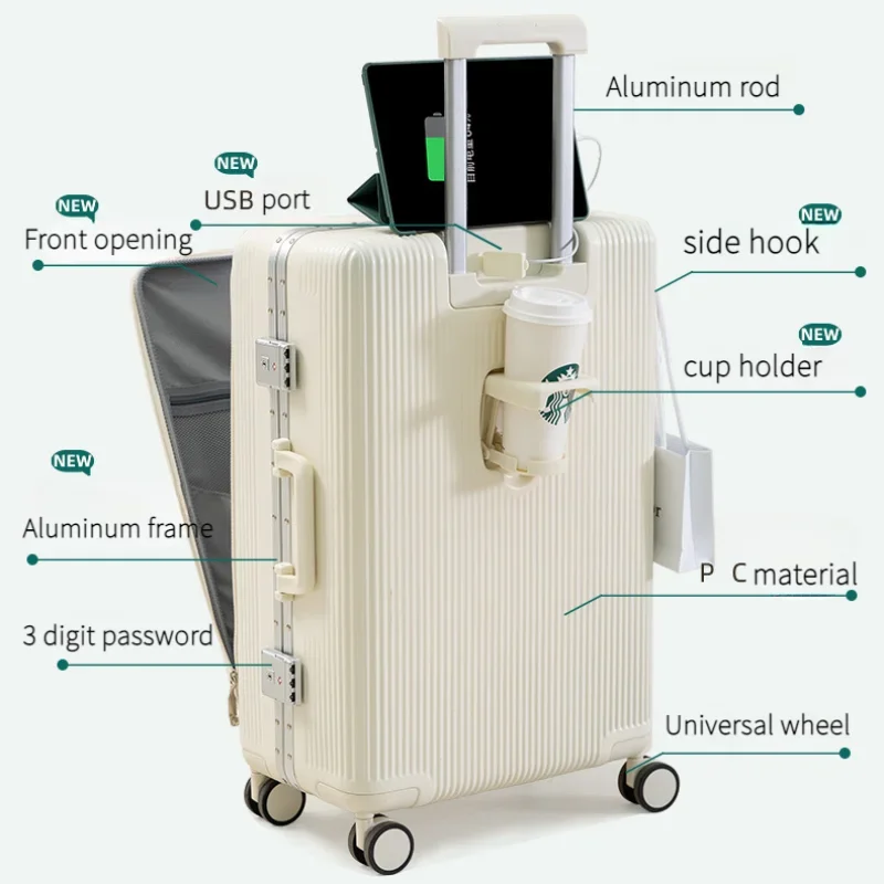 New Fashion Rolling Luggage Aluminum Frame Multifunctional Opening Front PC Suitcase on Wheels Trolley Case USB Charging