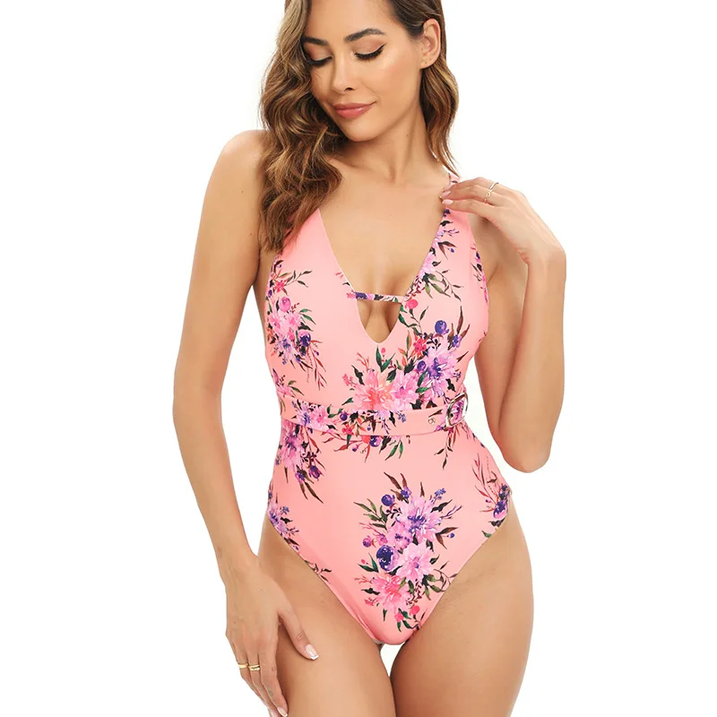 

Nadanbao Cute Sexy One-Piece Swimsuit Women Pink Floral Print V-Neck Swimwear Female Hollow Backless Bodysuit Surfing Beachwear