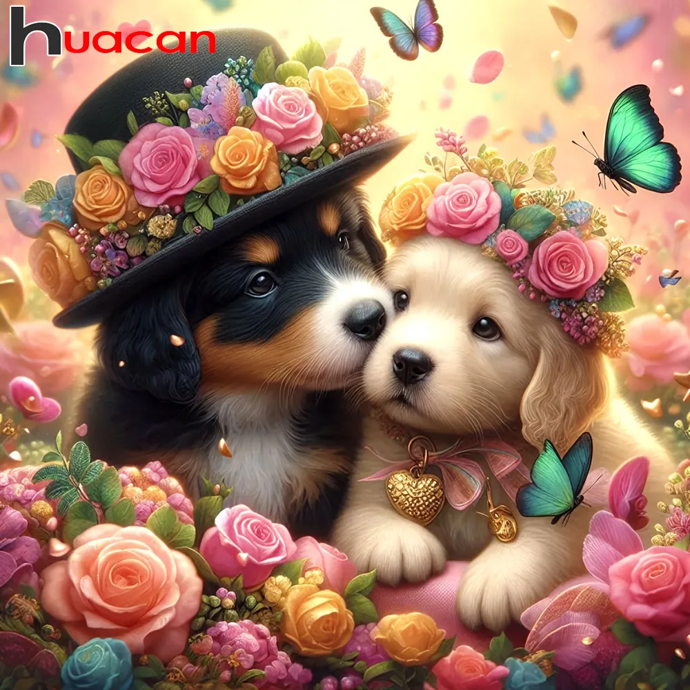 Huacan 5D-Diamantgemälde zum Selbermachen, Hunde, komplettes Set, quadratisches, rundes Mosaik, Rosenbild aus Strass