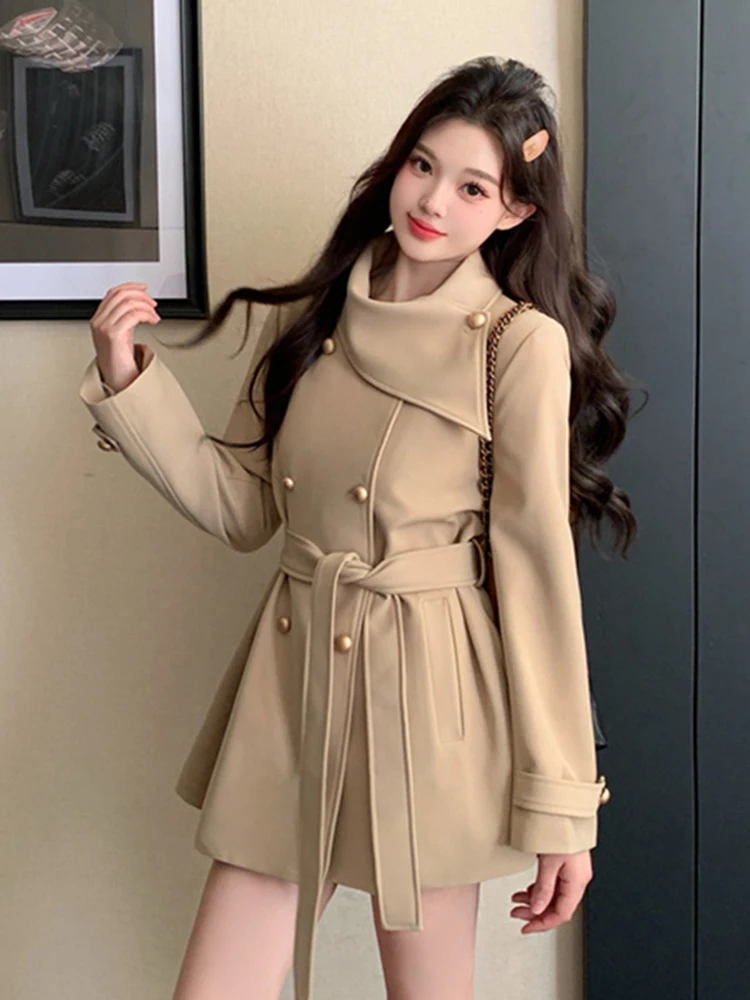 

Women's Double-Breasted Belted Waistcoat Sle Coat Korean Version Straight Cut Long Sve Mid-Length Single-Breasted Coat