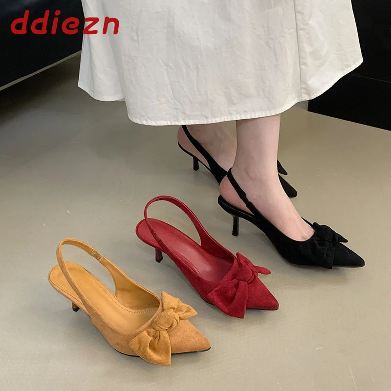 

Модные женские босоножки из флока на тонком каблуке, туфли-лодочки, женские туфли на высоком каблуке с острым носком и узлом-бабочкой, сандалии