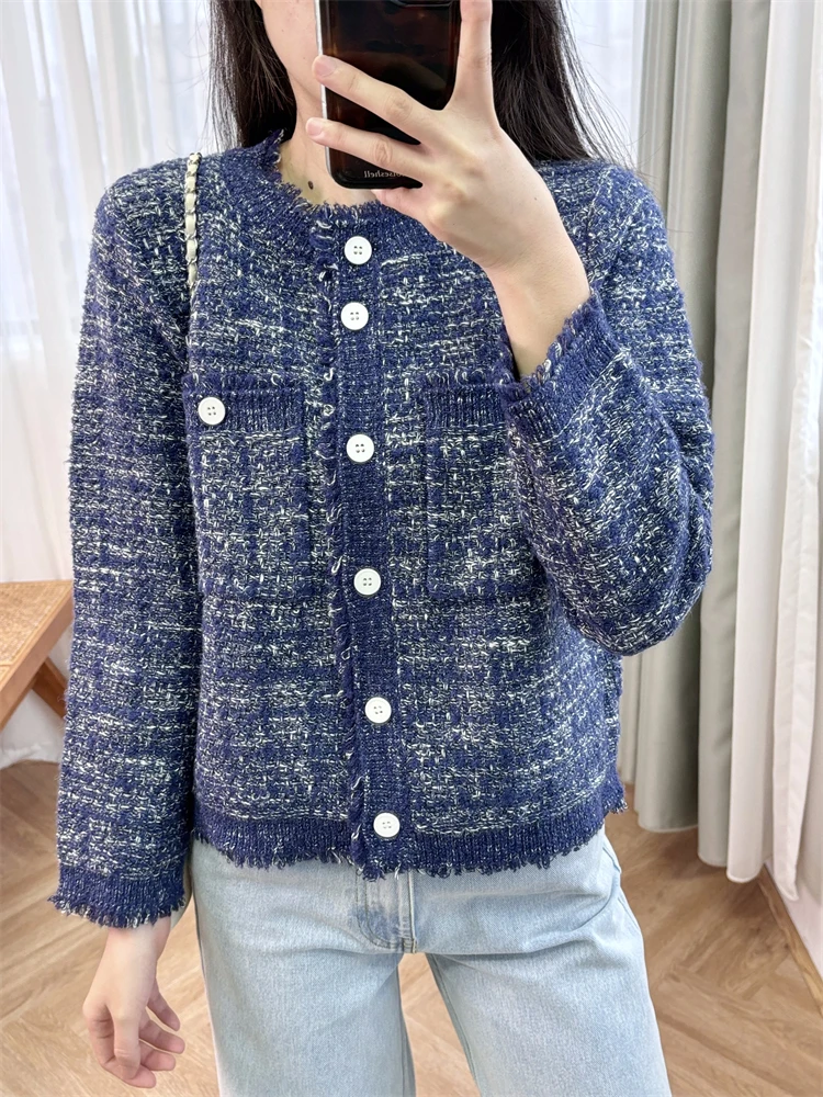 Blue floral cardigan, wool mulberry silk blended knitted jacket, temperament for commuting women sweater long cardigan women