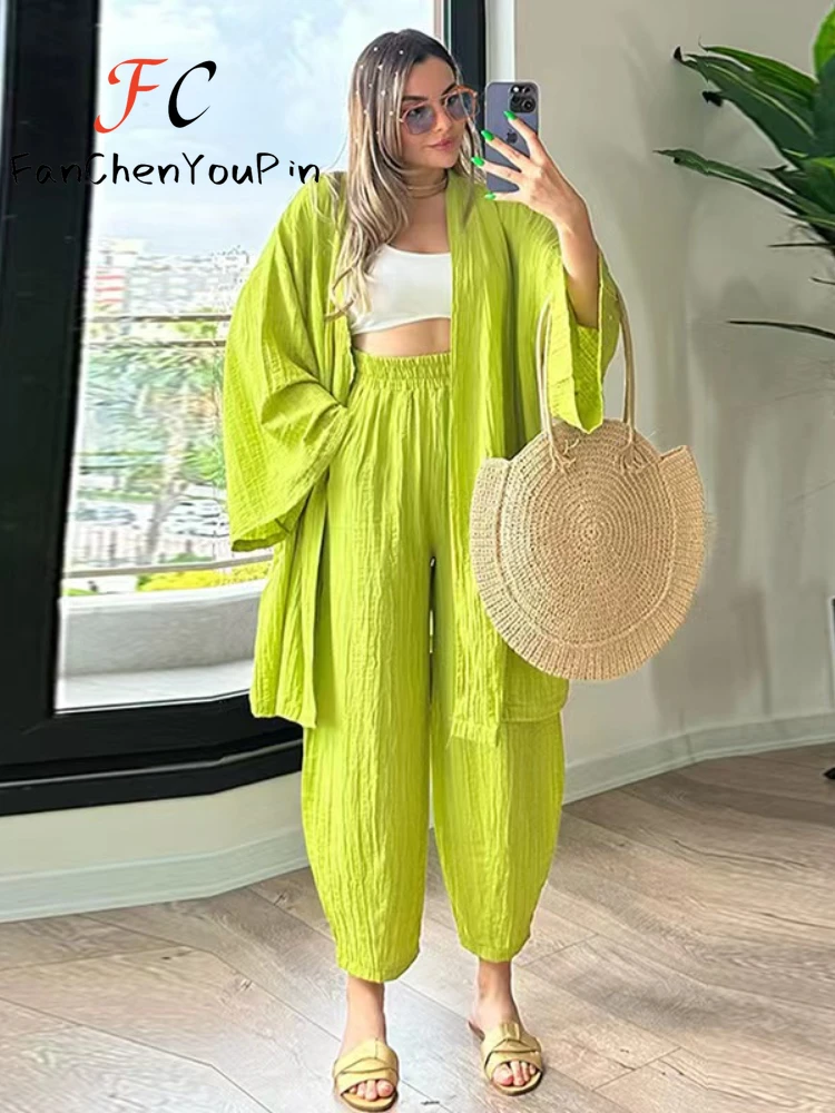 Women\'s Sets 2024 Spring Summer Casual Oversize Flare Sleeve Cardigan Loose High Waist Ankle-Length Pants Cotton 2-pieces Suit