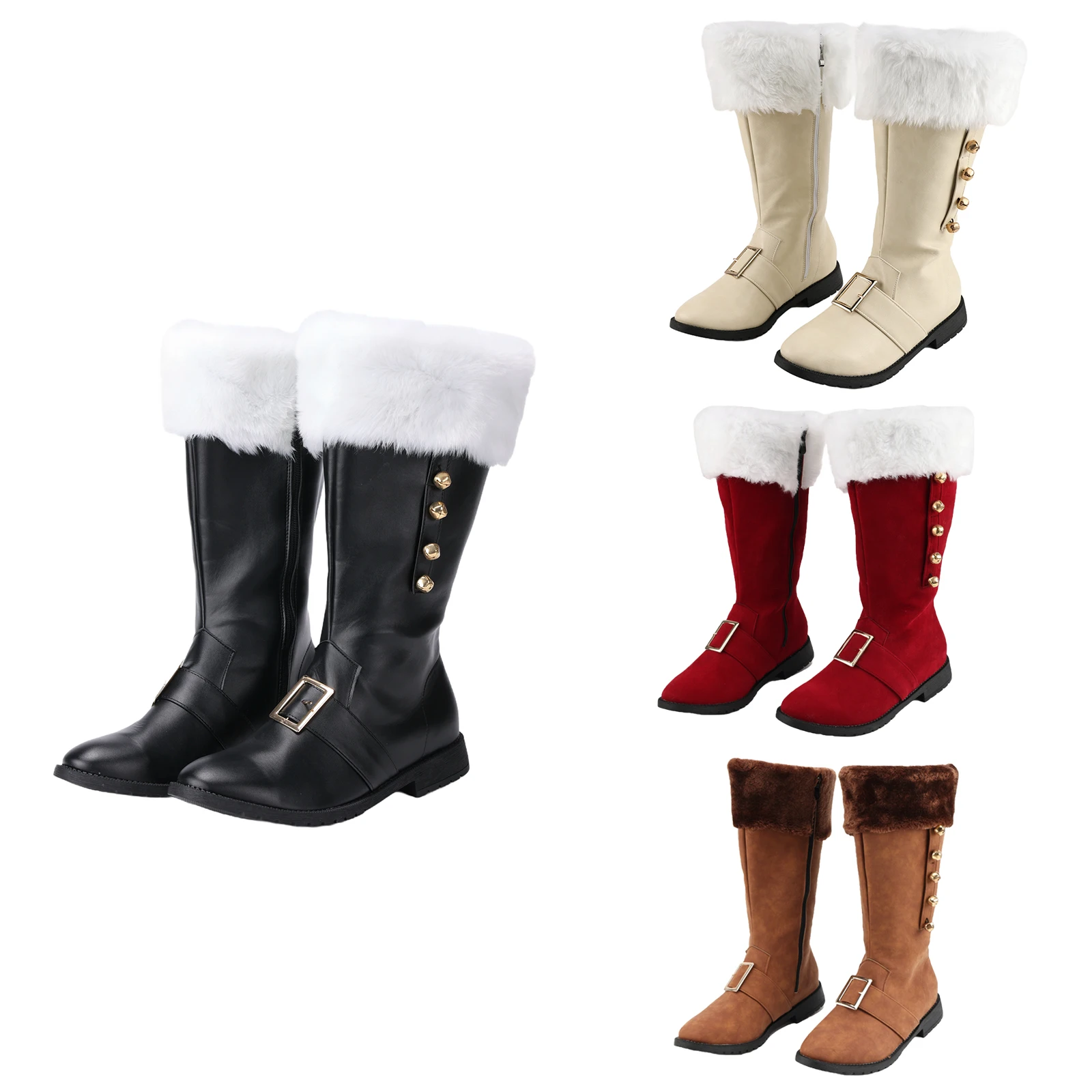 Men's Santa Claus Boots Christmas Wide Calf Combat Boots White Plush Cuff Foot Bells Halloween Christmas Costume Prop