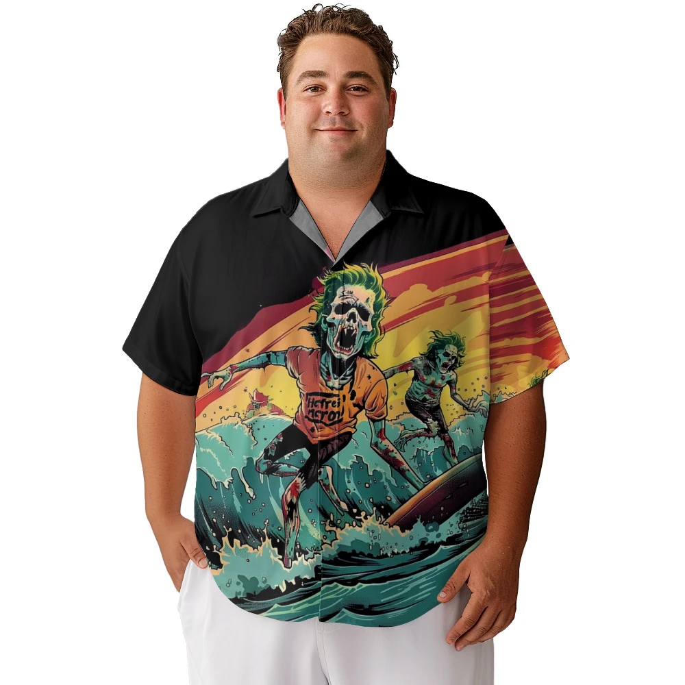 2024 new  Men's shirts plus size Halloween Green Fur zombie surfing printed clothing casual short-sleeved