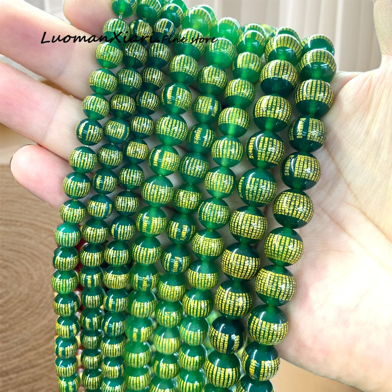 Natural Stone Golden Word Agate 6-12mm Buddha Green Buddhist Scripture Spacer Beads for Jewelry Making Diy Bracelets Accessories