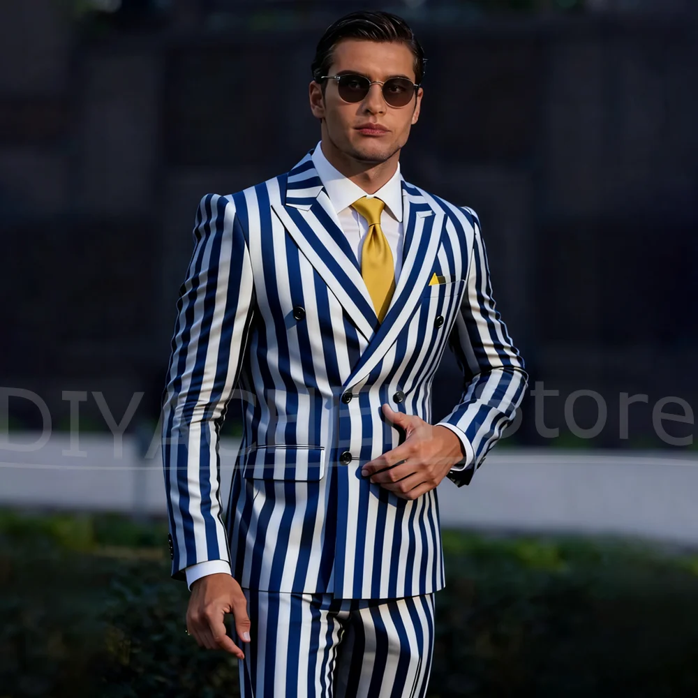 

Men's Double Breasted Suit Set Vertical Striped Slim Fit Blazer with Pants Stylish Formal Smart Casual Wedding Party Suits