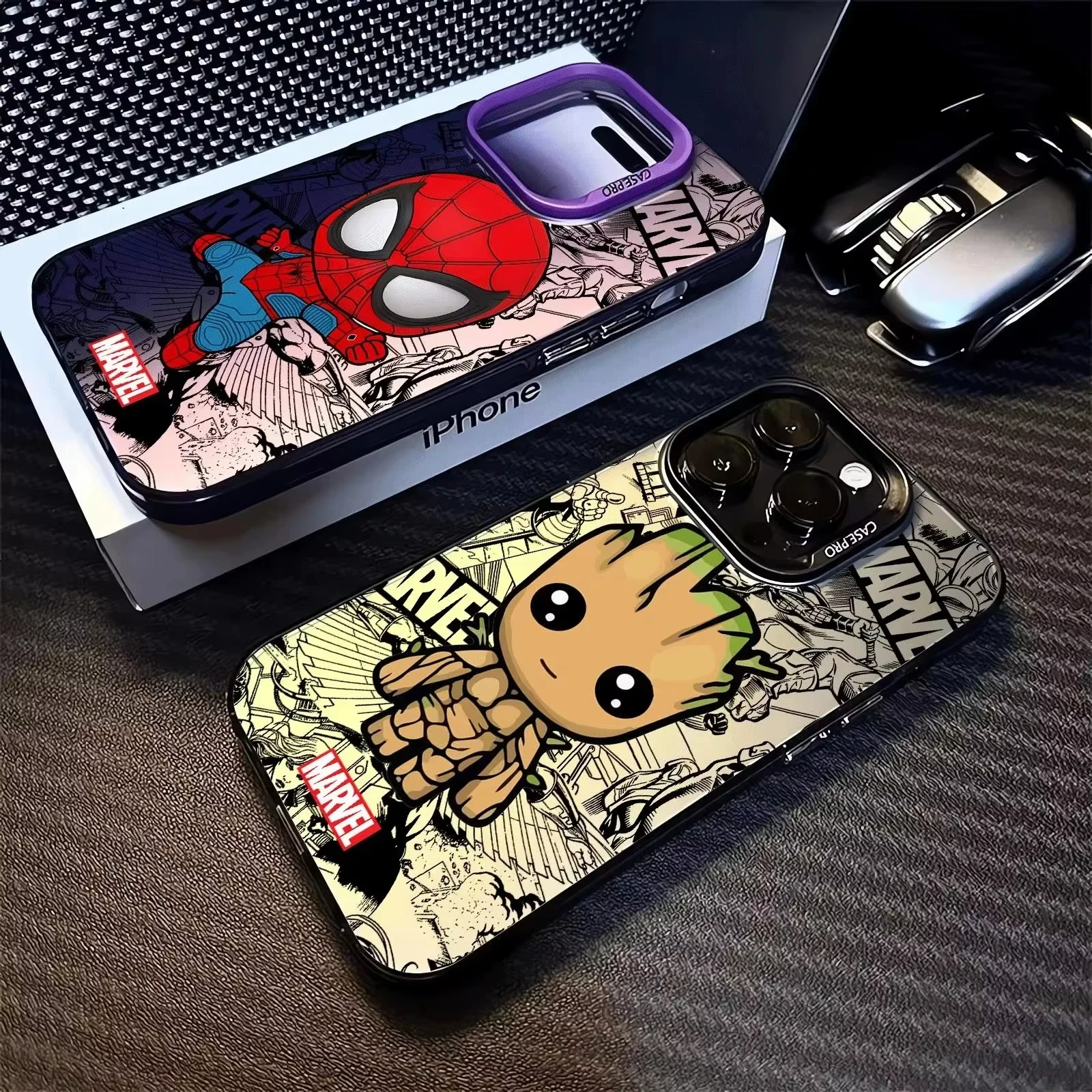Funda para iPhone 17 16 15 Pro Max 14 13 12 11 17Air 16 Plus 16E XS Max XR Marvel spiderman Groot teléfono mate a prueba de golpes