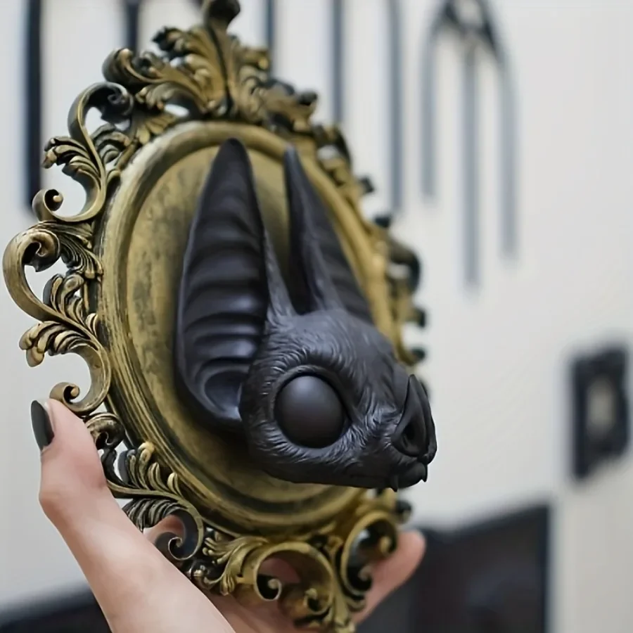 ZGothic Dark Wall Decor Bat Skull Resin Frame with Gold Accents Vintage Style for Home Office Festive