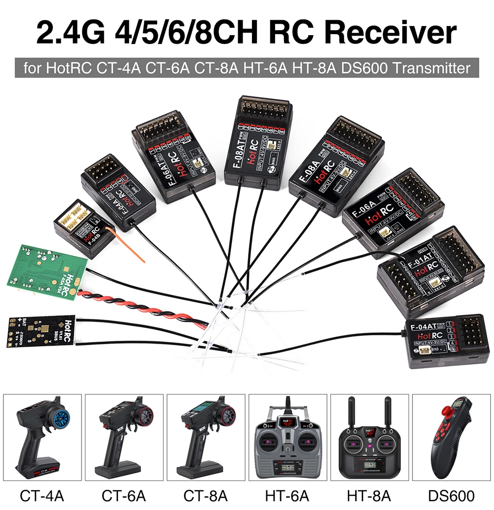 HotRC 4/5/6/8CH RC Receiver 2.4GHz with Gyro for CT-4A CT-6A CT-8A HT-6A HT-8A DS600