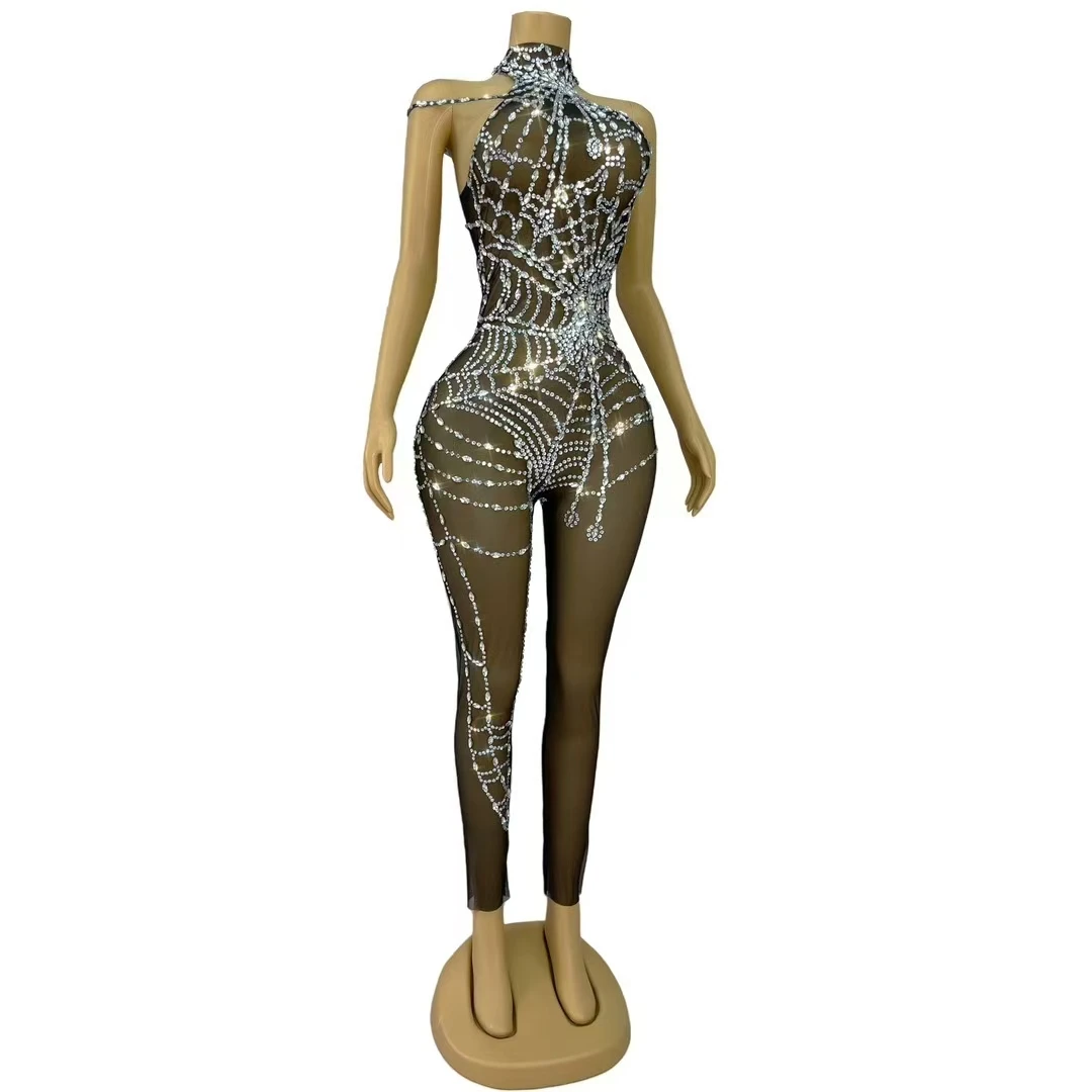 Sparkly Rhinestones Sleeveless Jumpsuit Bar Nightclub Women Performance Dance Costume Party Show Sexy Transparent Stage Wear